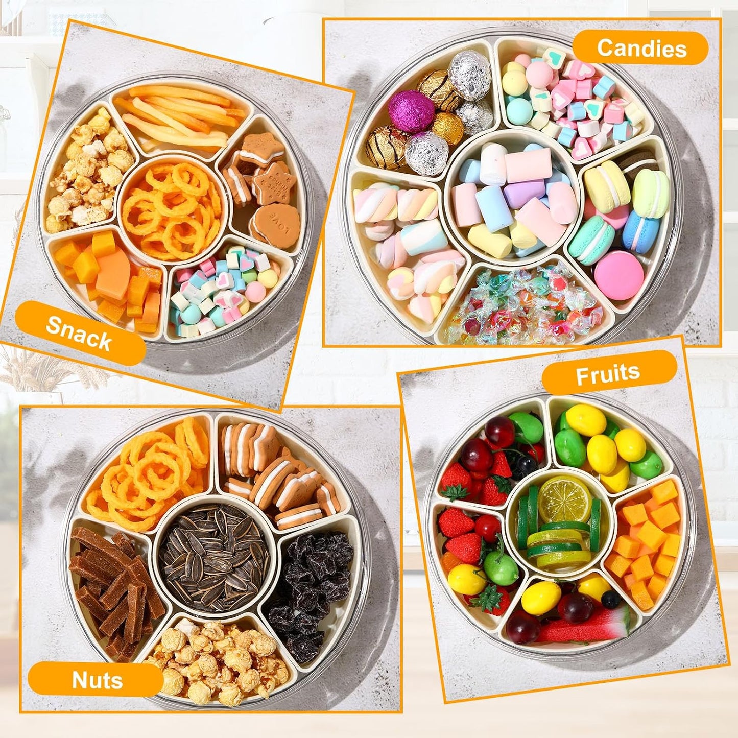 Maxdot 2Pcs Snackle Box Container Divided Serving Tray with Lid and Handle,6 Compartment Rotating Reusable Snack Portable Spinner Tray Portable Food Platter for Lunch Veggie Fruit Party Travel,10.6