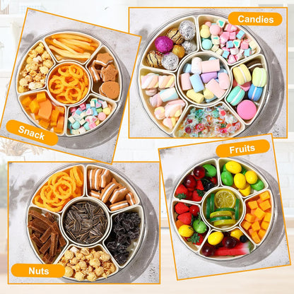 Maxdot 2Pcs Snackle Box Container Divided Serving Tray with Lid and Handle,6 Compartment Rotating Reusable Snack Portable Spinner Tray Portable Food Platter for Lunch Veggie Fruit Party Travel,10.6