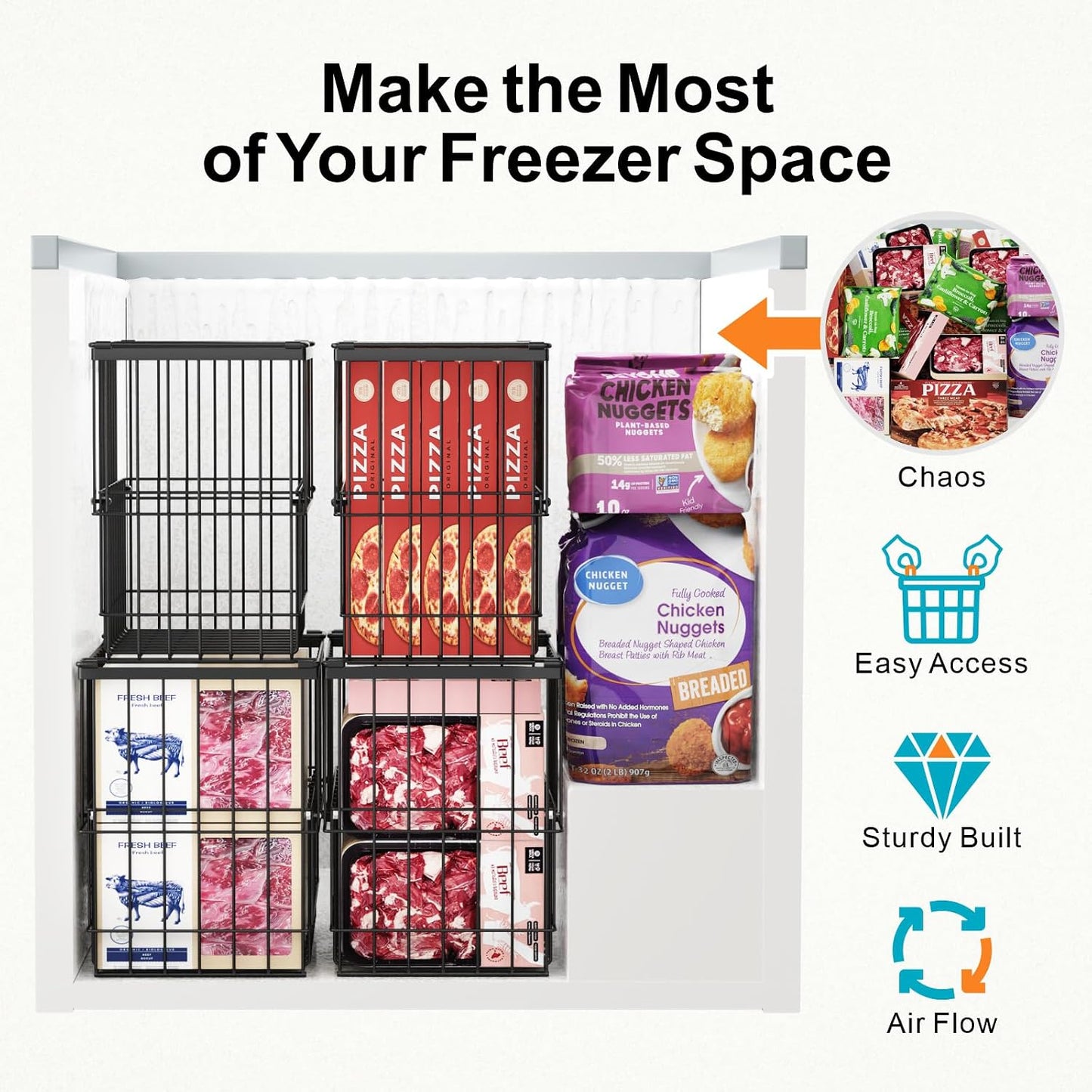 iSPECLE Deep Freezer Organizer Bins - Height-Adjustable Fit 12" Pizza, 2Pcs | Extra Large, Stackable For 5 to 7 Cu. Ft Chest Freezers, Easily Sort and Get Frozen Foods with Handles, No Digging, Black