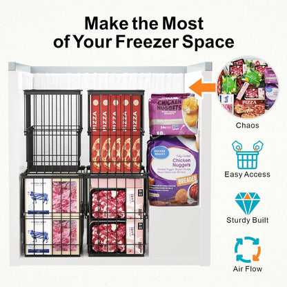 iSPECLE Deep Freezer Organizer Bins - Height-Adjustable Fit 12" Pizza, 2Pcs | Extra Large, Stackable For 5 to 7 Cu. Ft Chest Freezers, Easily Sort and Get Frozen Foods with Handles, No Digging, Black