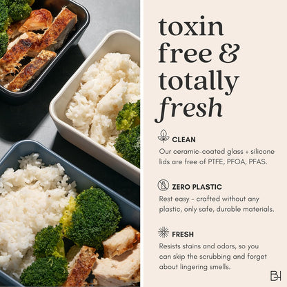 Ceramic Coated Glass Food Storage Container | No PTFE, PFOA, PFAS, and BPA | Reusable Non Toxic Meal Prep Container with Glass Lid | Easy To Store | 3 Cup Rectangle [Onyx]