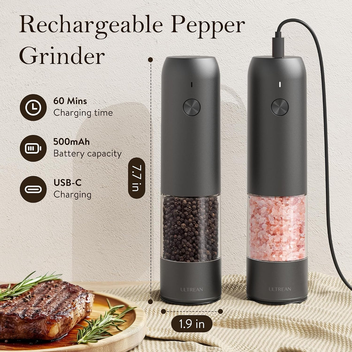 Ultrean Electric Salt and Pepper Grinder Set, Rechargeable,Matte Black