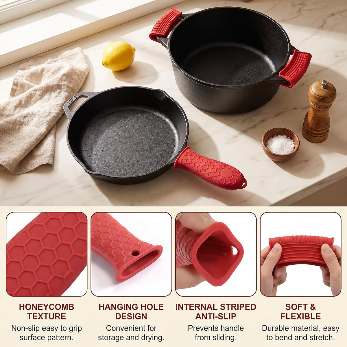 3 Pack Silicone Cast Iron Skillet Handle Cover, Heat Resistant Pan Grip
