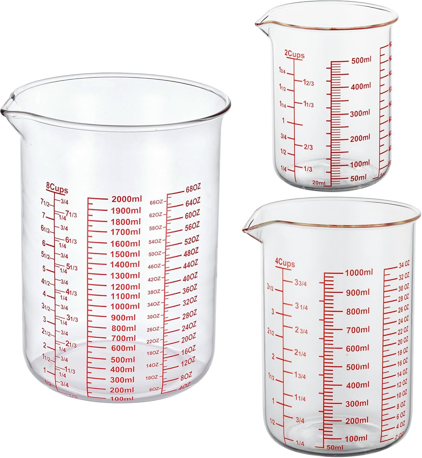 3 Piece Glass Measuring Cup Set, Includes 1/2-Cup, 1-Cup, and 2-Cup High Borosilicate Glasss Liquid Measuring Cups, Dishwasher, Freezer, Microwave, and Preheated Oven Safe, Essential Kitchen Tools