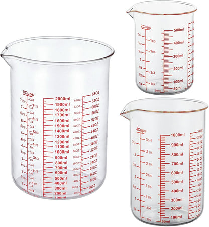 3 Piece Glass Measuring Cup Set, Includes 1/2-Cup, 1-Cup, and 2-Cup High Borosilicate Glasss Liquid Measuring Cups, Dishwasher, Freezer, Microwave, and Preheated Oven Safe, Essential Kitchen Tools