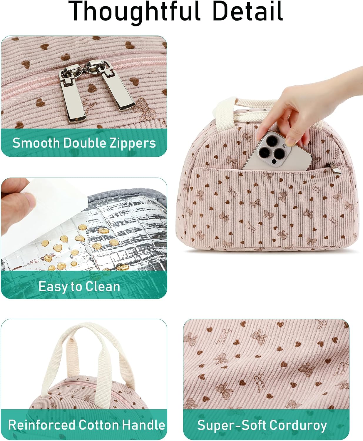 Lunch Box Lunch Bag Insulated Lunchbox Cute Reusable Lunch Tote bags for School Work Picnic for Kids Girls Women (Pink Bowknot)
