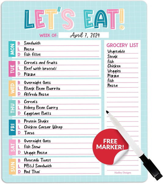 Hadley Designs Colorful Weekly Dinner Menu Board For Kitchen-Magnetic Meal Planner For Refrigerator, Weekly Menu Board Meal Planner for Fridge, Menu Planner Weekly Dry Erase Board