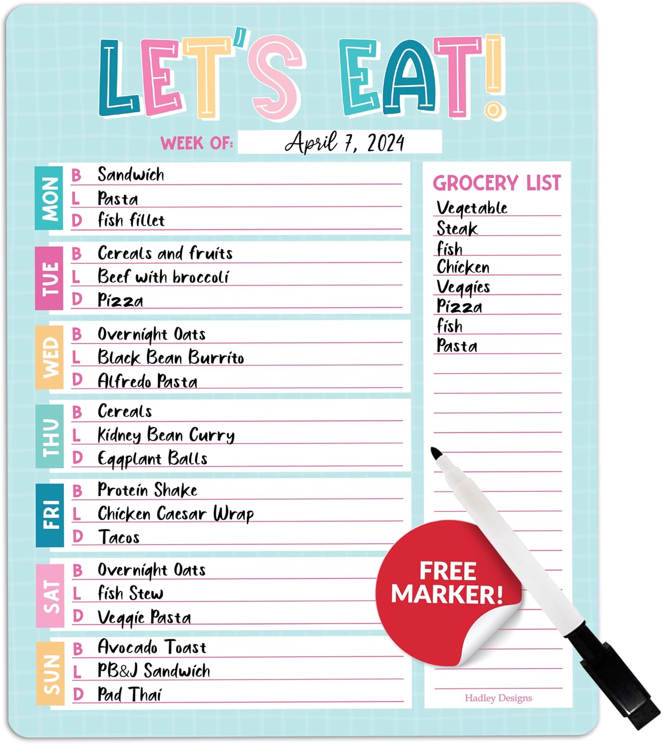 Hadley Designs Weekly Meal Planner for Fridge - Dinner Menu Board for Kitchen, Greenery Weekly Menu Board Dry Erase, Dry Erase Meal Planner for Fridge
