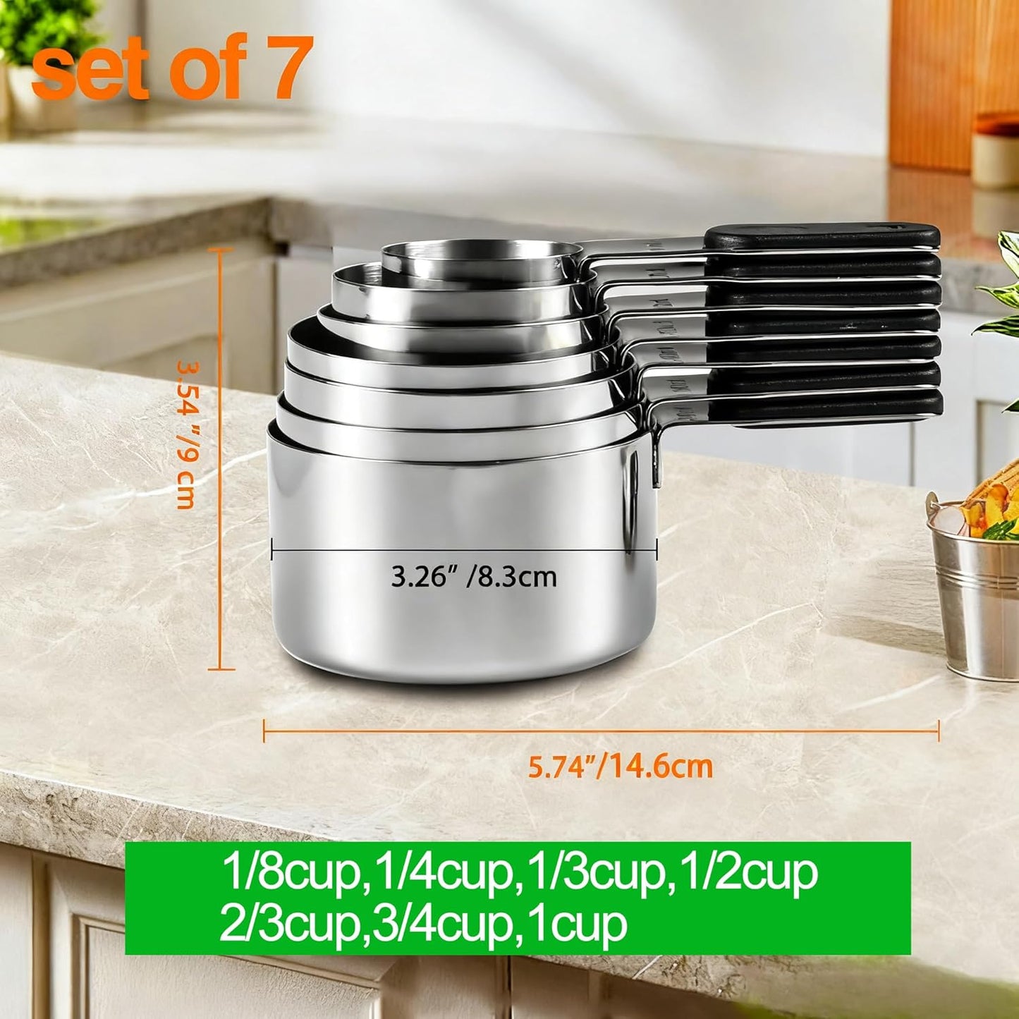 Magnetic Handles 7 Piece Stainless Steel Measuring Cups, Black, Kitchen Gadgets for Measure Liquid and Dry Ingredients, Cooking & Baking