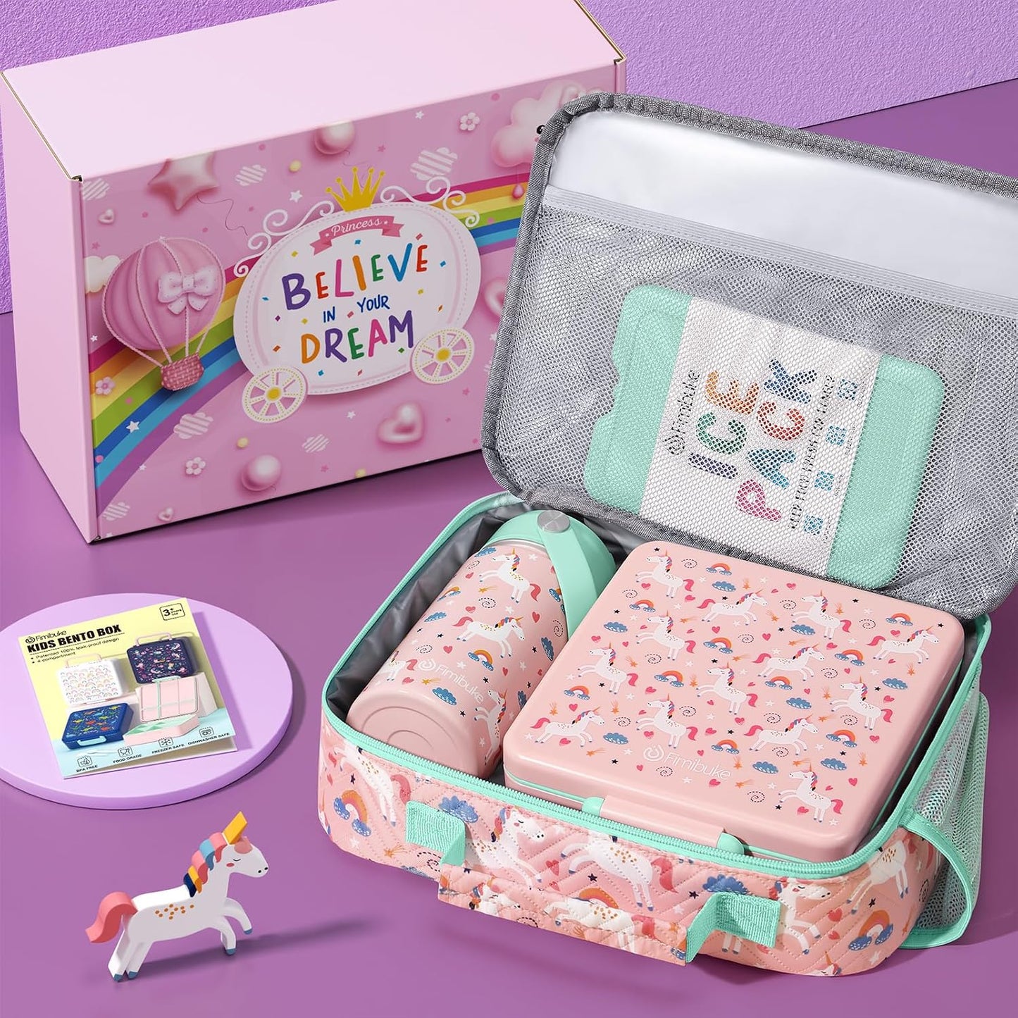 Fimibuke Kids Bento Lunch Box with 4 Compartments, Insulated lunch Bag, Stainless Steel Insulated Water Bottle, Ice Pack & Utensils Set, Birthday Gifts for Ages 3-12 Back to School Toddler Girls Boys