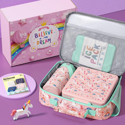 Fimibuke Kids Bento Lunch Box with 4 Compartments, Insulated lunch Bag, Stainless Steel Insulated Water Bottle, Ice Pack & Utensils Set, Birthday Gifts for Ages 3-12 Back to School Toddler Girls Boys