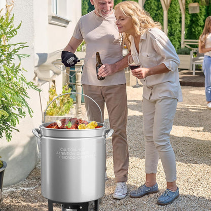 Bonnlo 30QT Aluminum Stock Pot for Boiling Seafood, Crawfish & Crab, Frying Turkey & Steaming Tamales, Large Boil Pot with Strainer Basket, Lid, Lifting Hook & Steamer Rack for Outdoor Cooking