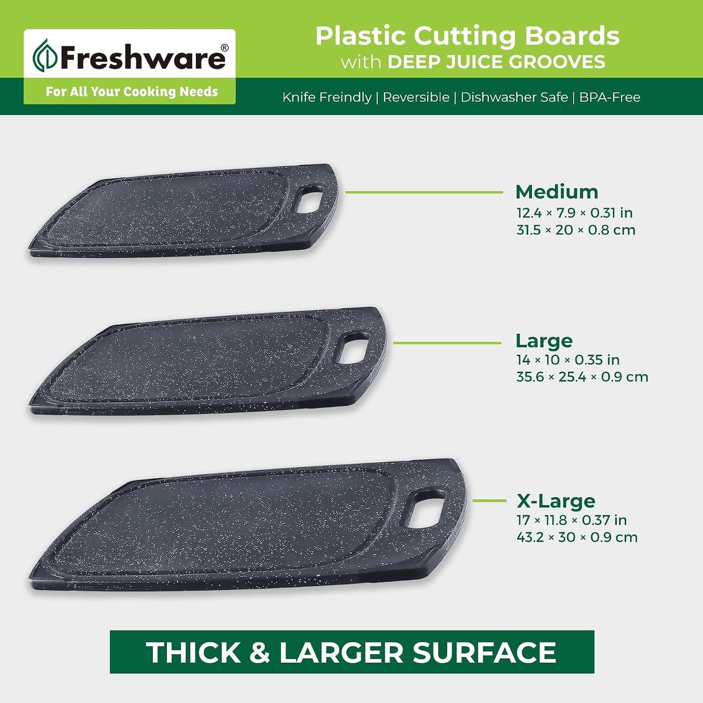 Freshware Cutting Boards for Kitchen, Chopping Board 3-Pack with Different Sizes, Juice Grooves and Non Slip Handles - Reversible, Large Cutting Board Set - Dishwasher Safe - Gray
