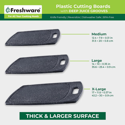 Freshware Cutting Boards for Kitchen, Chopping Board 3-Pack with Different Sizes, Juice Grooves and Non Slip Handles - Reversible, Large Cutting Board Set - Dishwasher Safe - Gray