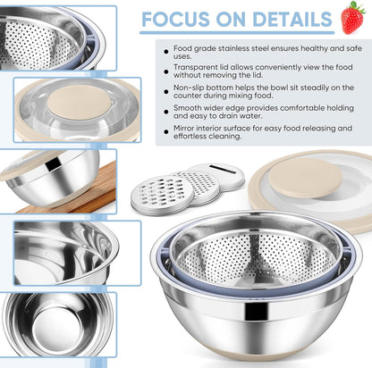 TeamFar 4-1 Colander with Bowl Set, Rotatable Colander for Kitchen, Stainless Steel Food Strainers and Colanders Mixing Bowl with Graters, for Veggies Fruits Washing, Pasta Straining - Khaki