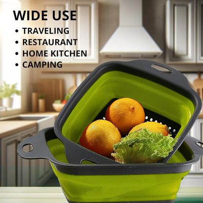 3PCS Green Foldable Kitchen Strainer Set – Silicone Colander Collapsible Strainers and Colanders Green Collander for Kitchen Collapsible Compact Drain Tools for Cooking Prep