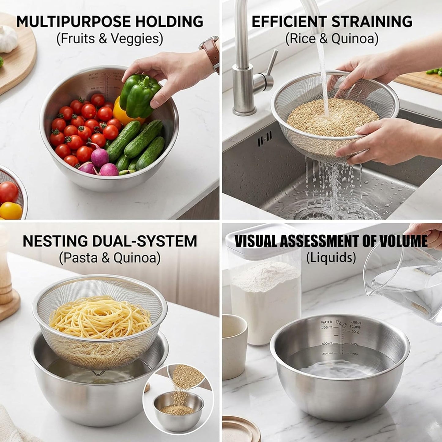 304 Stainless Steel Colander Set, 1.5QT Colander with Bowl, 30-Mesh Micro Perforated Strainer for Rice, Quinoa, Pasta, Fruits & Vegetables,2 pack
