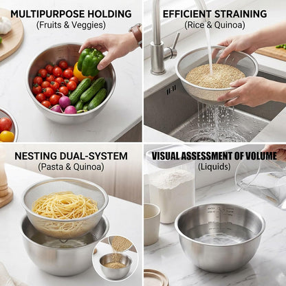 304 Stainless Steel Colander Set, 1.5QT Colander with Bowl, 30-Mesh Micro Perforated Strainer for Rice, Quinoa, Pasta, Fruits & Vegetables,2 pack