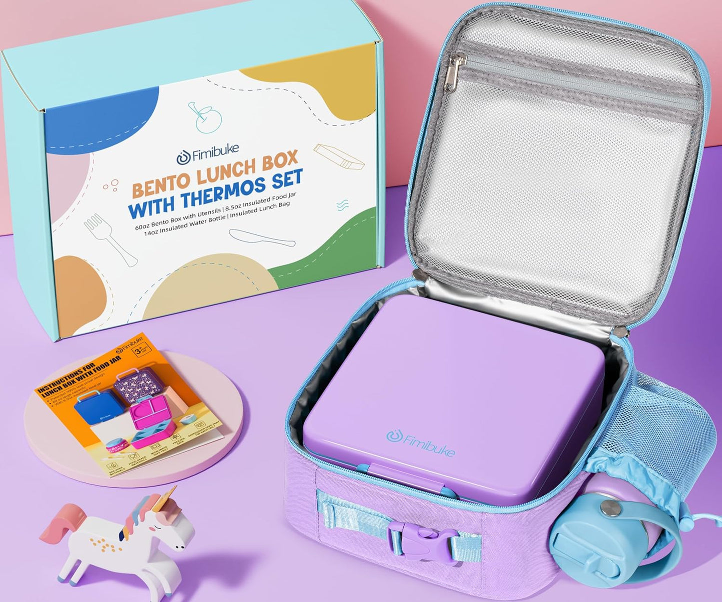 Fimibuke Kids Bento Lunch Box with Thermo, Leakproof Toddler Bento Box with 8.5 OZ Insulated Food Jar, Lunch Bag, Kids Water Bottle, 3 or 4 Compartment Container for Back to School Toddler Girls Boys