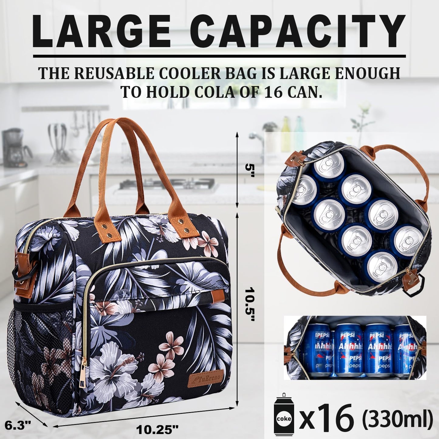 TuErCao Small Lunch Bag Lightweight Insulated Lunch Box for Women Work Portable Soft Cooler for Picnic Travel Road Trips, Loncheras para Mujer, Black