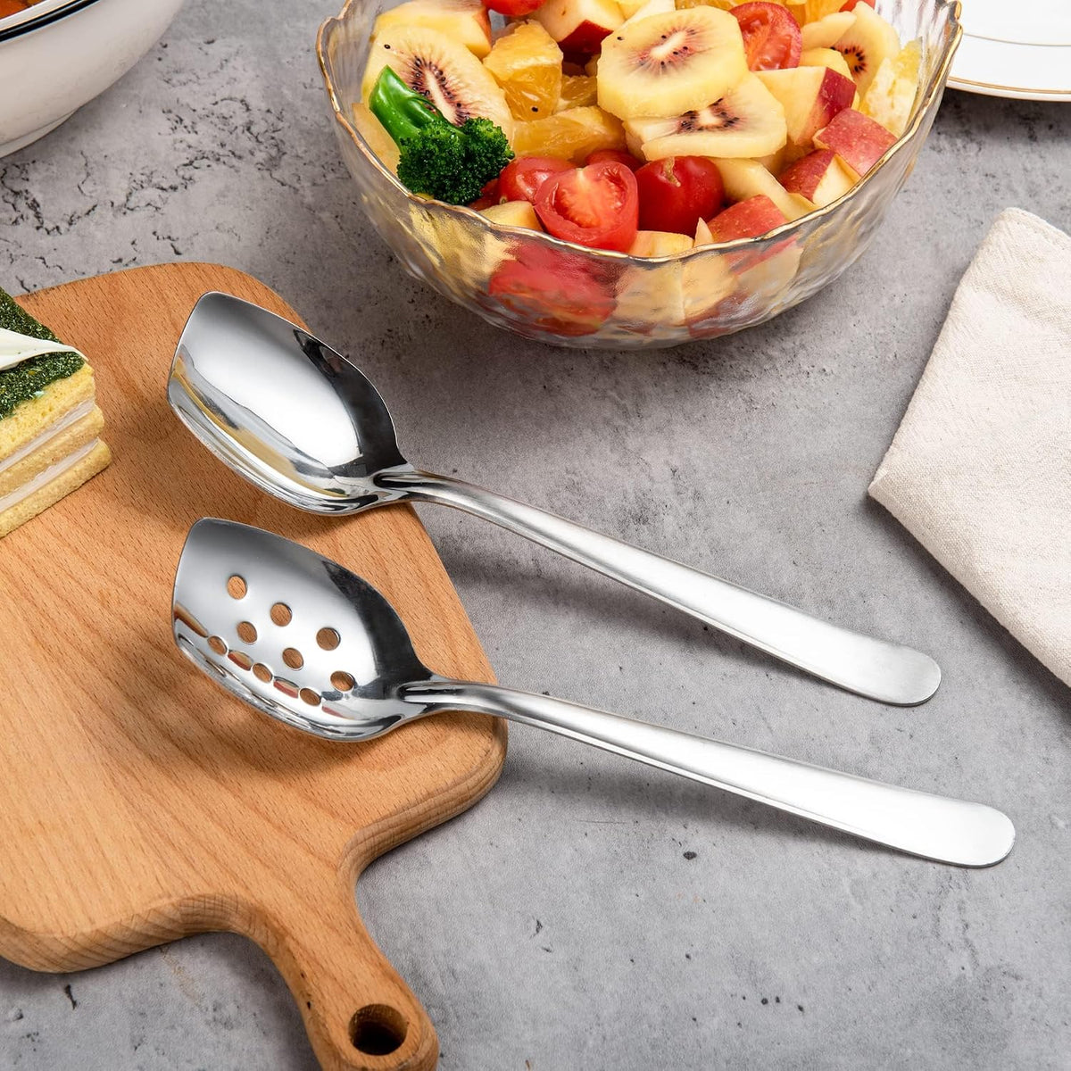 IMEEA 10 Inch Flat Bottom Scraping Cooking Spoon Set of 2, 18/8 Stainless Steel Slotted & Solid Stirring Spoon, Flat Edge Kitchen Spoon for Stir Fry, Sauce, Soup, Instant Pot
