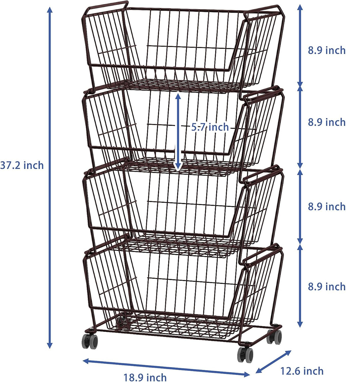 PUSDON 4-Tier Spacious Stackable Wire Storage Baskets with Wheels, Metal Rolling Utility Cart Organizer, Fruit and Vegetable Produce Basket for Kitchen Pantry, Everyday Bathroom Shelf, Silver Grey