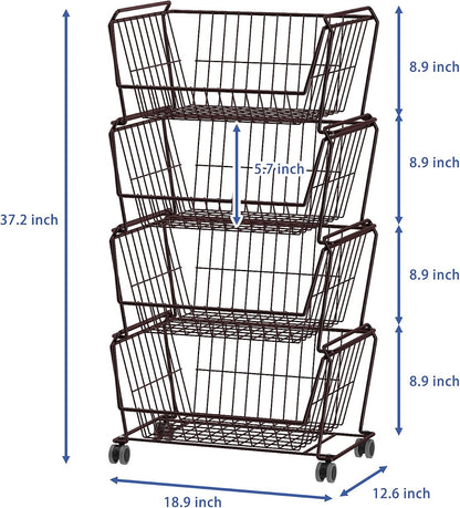 PUSDON 4-Tier Spacious Stackable Wire Storage Baskets with Wheels, Metal Rolling Utility Cart Organizer, Fruit and Vegetable Produce Basket for Kitchen Pantry, Everyday Bathroom Shelf, Silver Grey