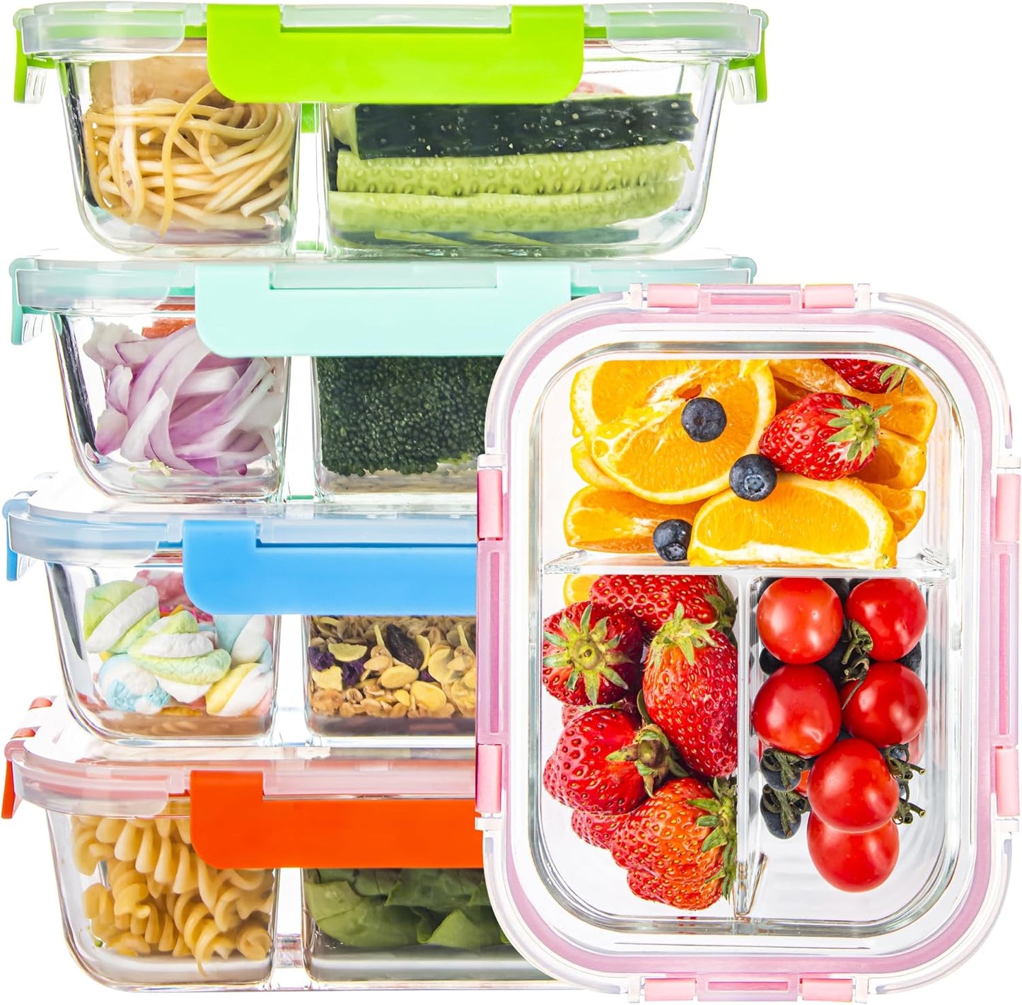 5 Pack Glass Meal Prep Containers 3 Compartment with Lids, Divided Glass Storage Containers with Silicone Sleeve for Lunch, Leak-Proof Portion Control Food Containers, Dishwasher Safe, 34 oz