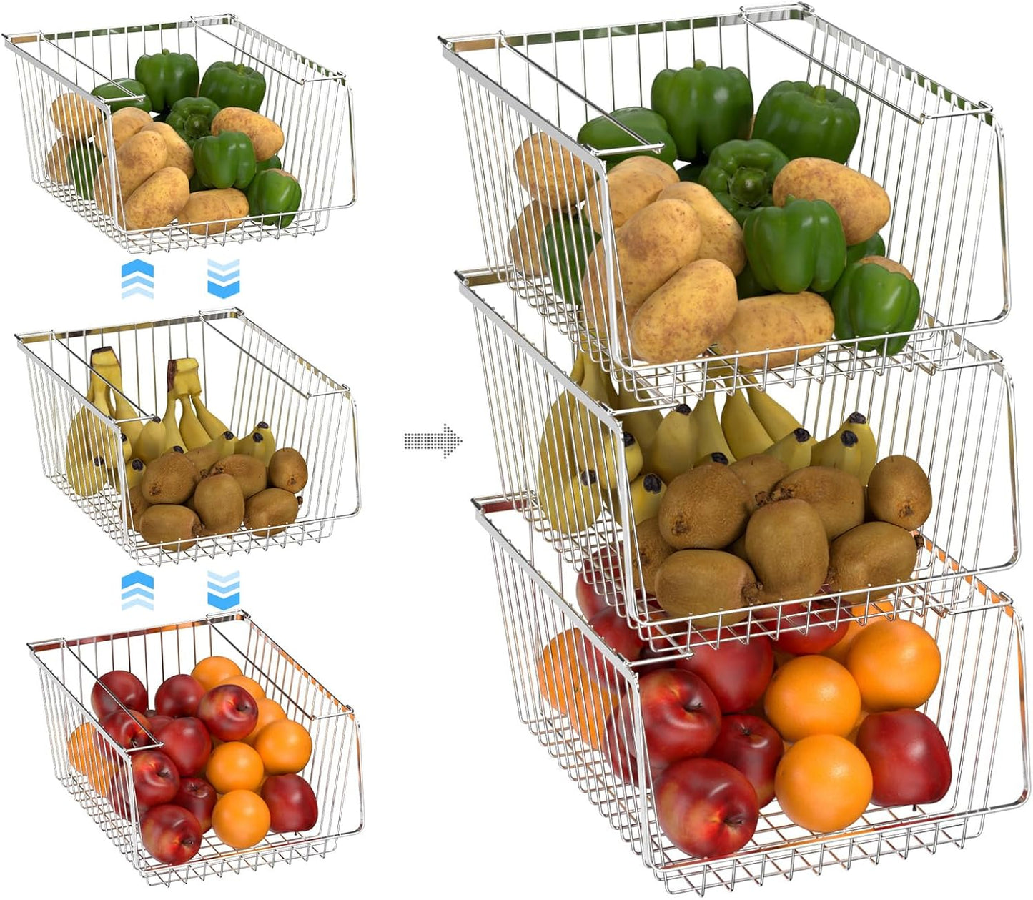 Wire Storage Basket Stackable Organizer Storage Baskets Bins Sturdy Metal Organization with Handles for Pantry, Kitchen, Closets, Bathroom, Cabinets, Kitchen, Set of 3