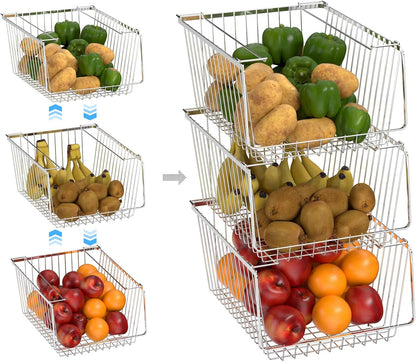 Wire Storage Basket Stackable Organizer Storage Baskets Bins Sturdy Metal Organization with Handles for Pantry, Kitchen, Closets, Bathroom, Cabinets, Kitchen, Set of 3