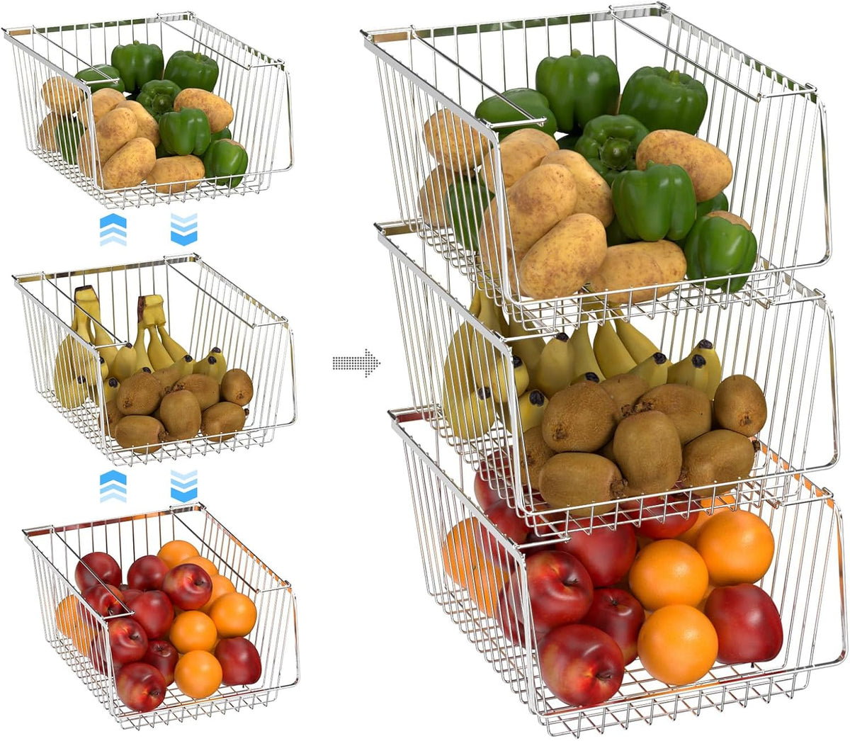Wire Storage Basket Stackable Organizer Storage Baskets Bins Sturdy Metal Organization with Handles for Pantry, Kitchen, Closets, Bathroom, Cabinets, Kitchen, Set of 3