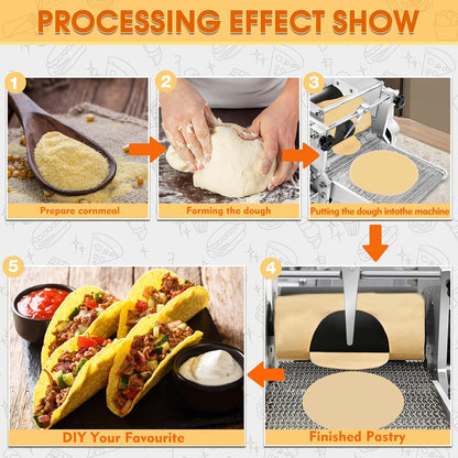 Electric Tortilla Maker with 2 Molds(4in/6in), Automatic Corn Tortilla Making Machine with Adjustable Customize Thickness (1.5-5mm), Non-Stick Coating, Chapatti Machine for Pita Tortilla Pizza (Gold)