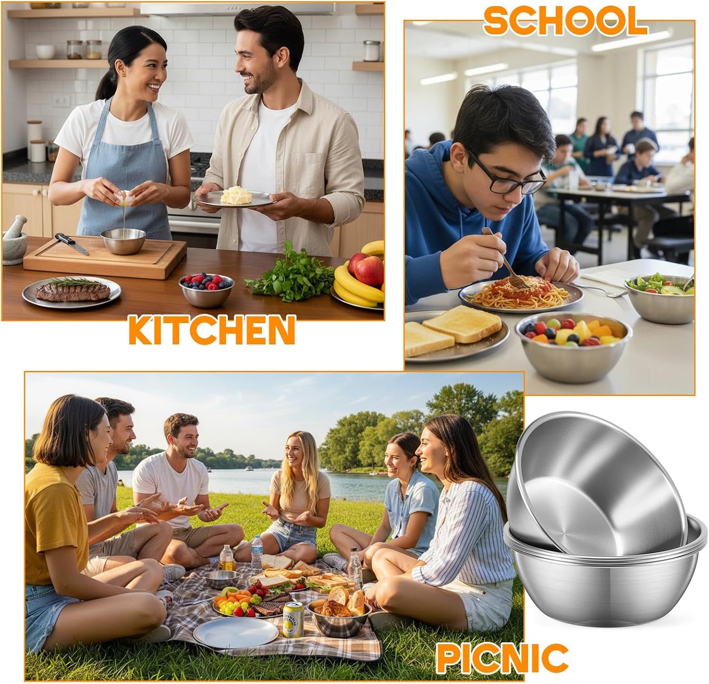 304 Stainless Steel Plates and Bowls Sets - 9 Inch Metal Camping Plates Reusable 20oz Steel Snack Bowls Feeding Serving Dinner Dishes for Adult Girls Boys