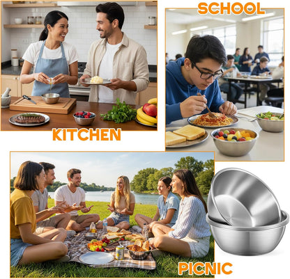 304 Stainless Steel Plates and Bowls Sets - 9 Inch Metal Camping Plates Reusable 20oz Steel Snack Bowls Feeding Serving Dinner Dishes for Adult Girls Boys