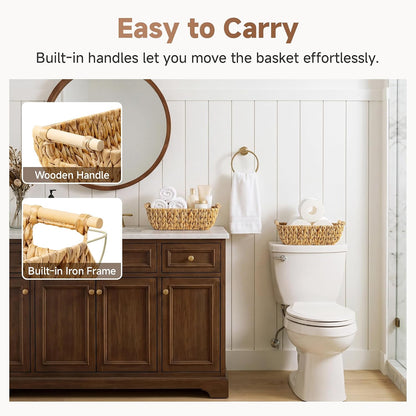 StorageWorks Hand-Woven Storage Baskets with Wooden Handles, Water Hyacinth Wicker Baskets for Organizing, 2 Pack
