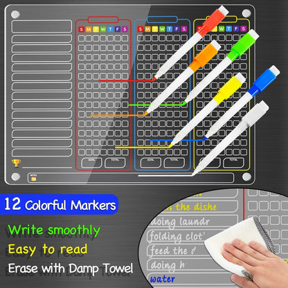 PigPotParty 2-in-1 Acrylic Magnetic Chore Chart for 2 Kids, Couples, Roommates, 15"x11" Large Dry Erase Chore Board for Fridge, Clear Weekly & Daily Reward Chart, Includes 12 Markers & Towel