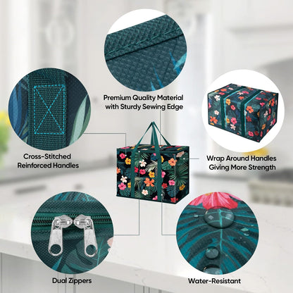 BALEINE 2Pk Insulated Reusable Grocery Bags, Collapsible Cooler Bag for Groceries, Heavy Duty Large Insulated Bag (16''x9''x13'', Antique Foliage)