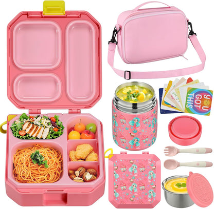 Itslife Bento Lunch Box Set for Kids with 12oz Soup Thermo&Lunch Bag, Leak-Proof Lunch Food Containers for Kids School, 5 Compartment, Sauce Cup, 10 Notes (Dinosaurs Black)