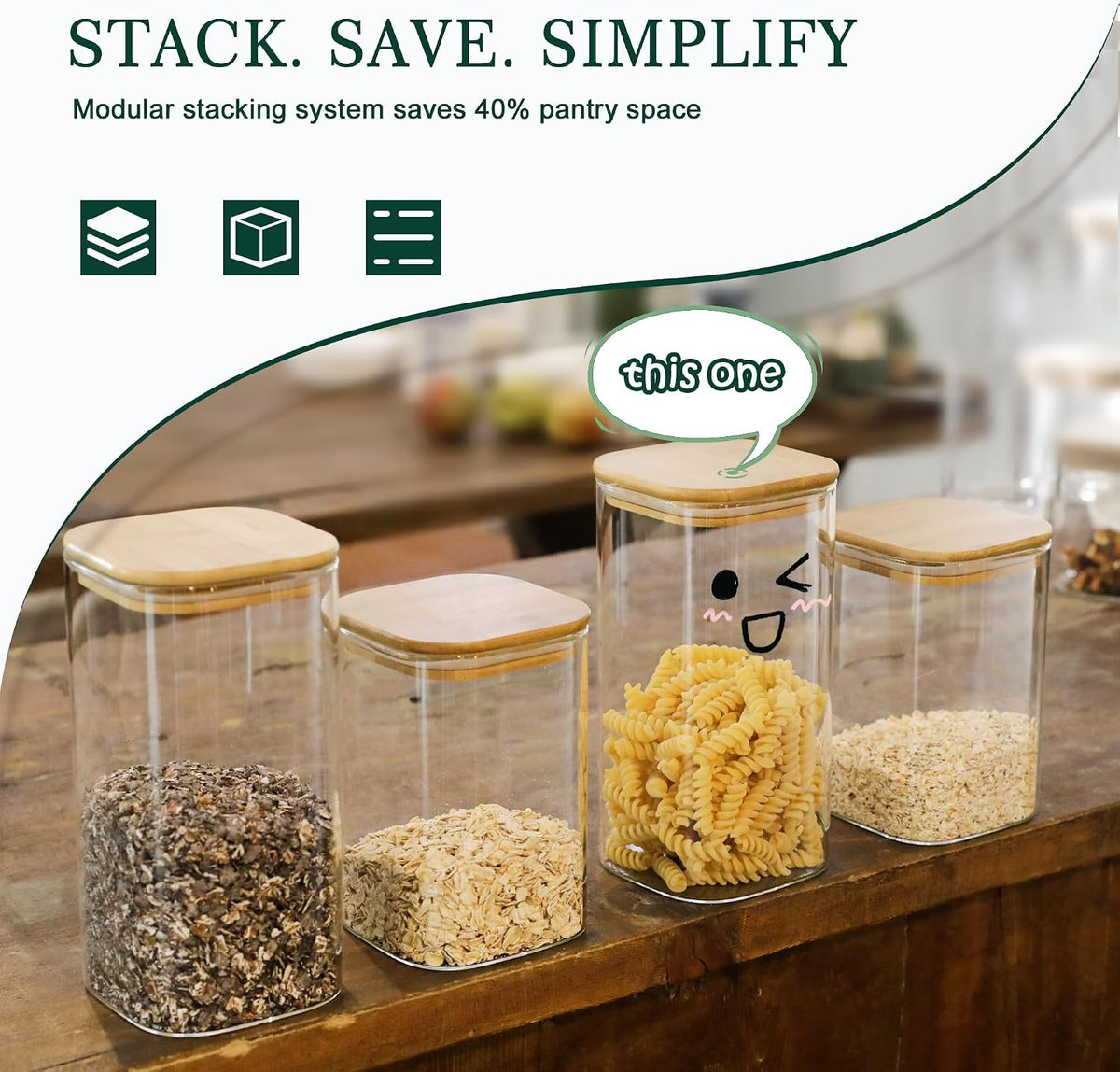 LIBWYS 12-Pack Square Glass Storage Jars with Bamboo Lids (0.6Qt/1.06Qt) - Stackable Food Containers for Pantry Organization, Coffee, Flour, Snacks, Tea | Kitchen Canisters Set
