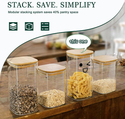 LIBWYS 12-Pack Square Glass Storage Jars with Bamboo Lids (0.6Qt/1.06Qt) - Stackable Food Containers for Pantry Organization, Coffee, Flour, Snacks, Tea | Kitchen Canisters Set