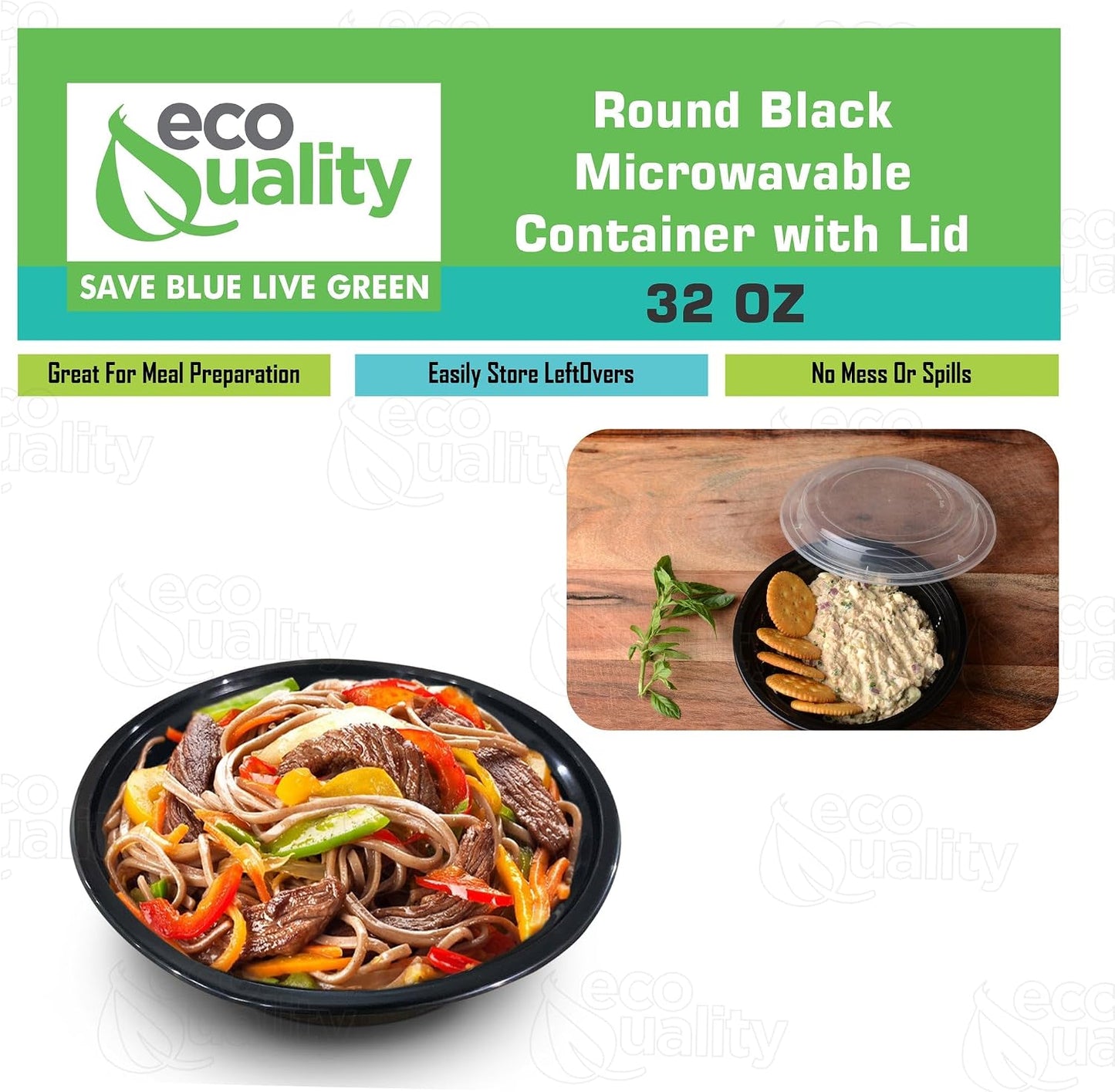 32oz - 10 Count - Round Microwavable Plastic Meal Prep Containers with Lids - Food Storage Container - Certified BPA-Free, Stackable, Reusable Microwave, Dishwasher, Freezer Safe, Disposable (Black)