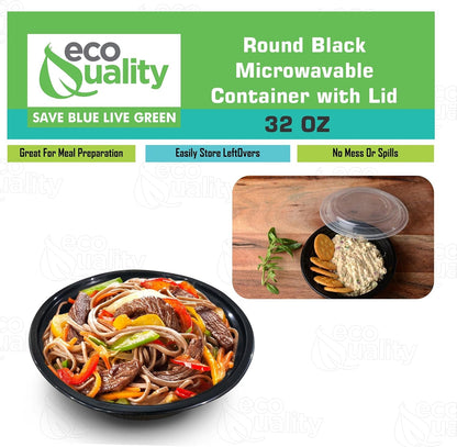 32oz - 10 Count - Round Microwavable Plastic Meal Prep Containers with Lids - Food Storage Container - Certified BPA-Free, Stackable, Reusable Microwave, Dishwasher, Freezer Safe, Disposable (Black)