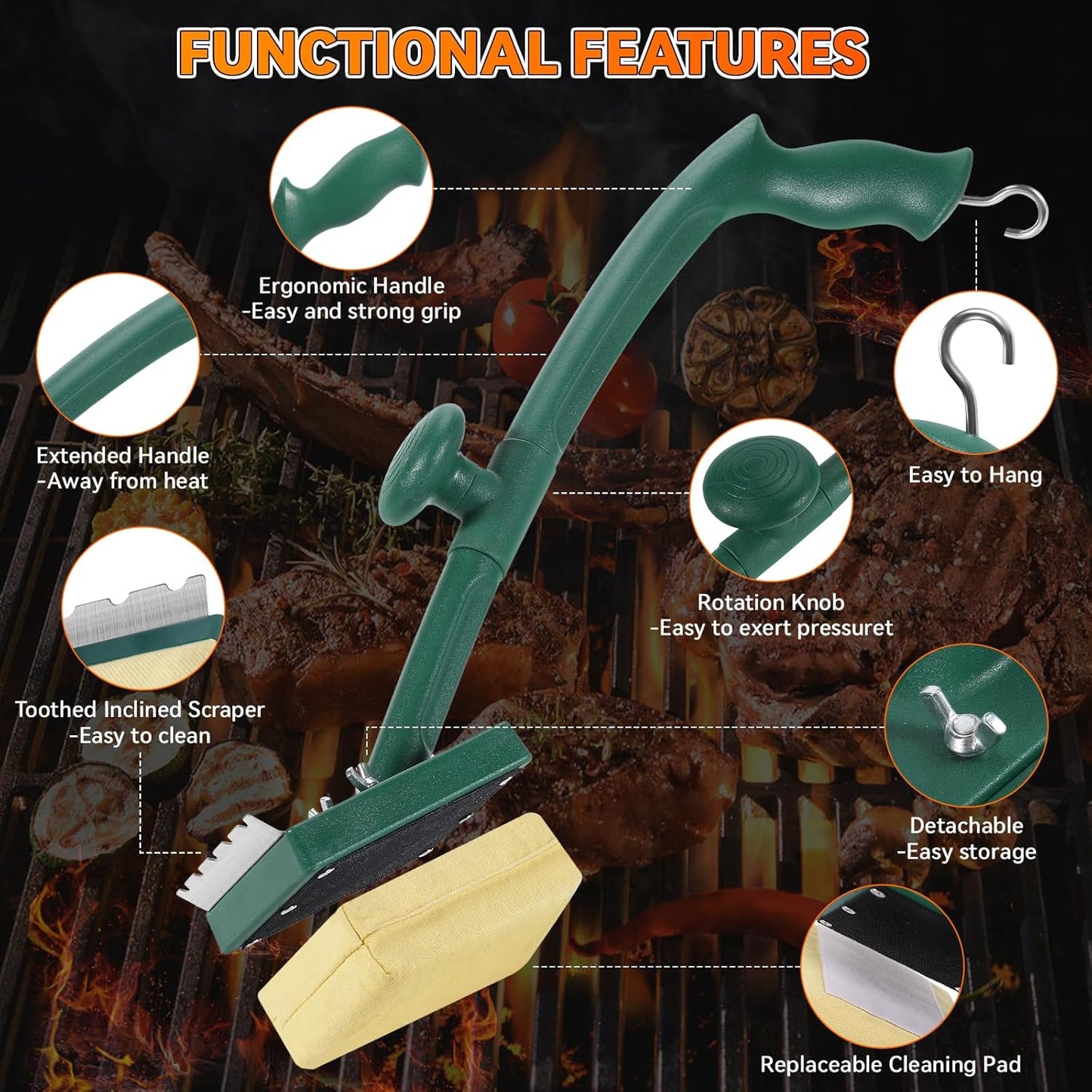 Grill Brush Bristle Free with Scraper,22" Long Steam Grill Brush for Outdoor Grill,Replaceable Cleaning Head,Ideal BBQ Gifts for Men Dad