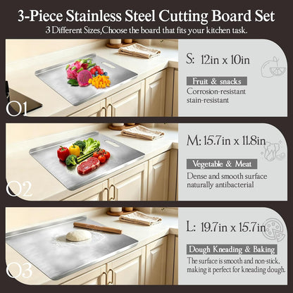 Stainless Steel Cutting Board with Lip, 3PCS Cutting Boards for Kitchen Set