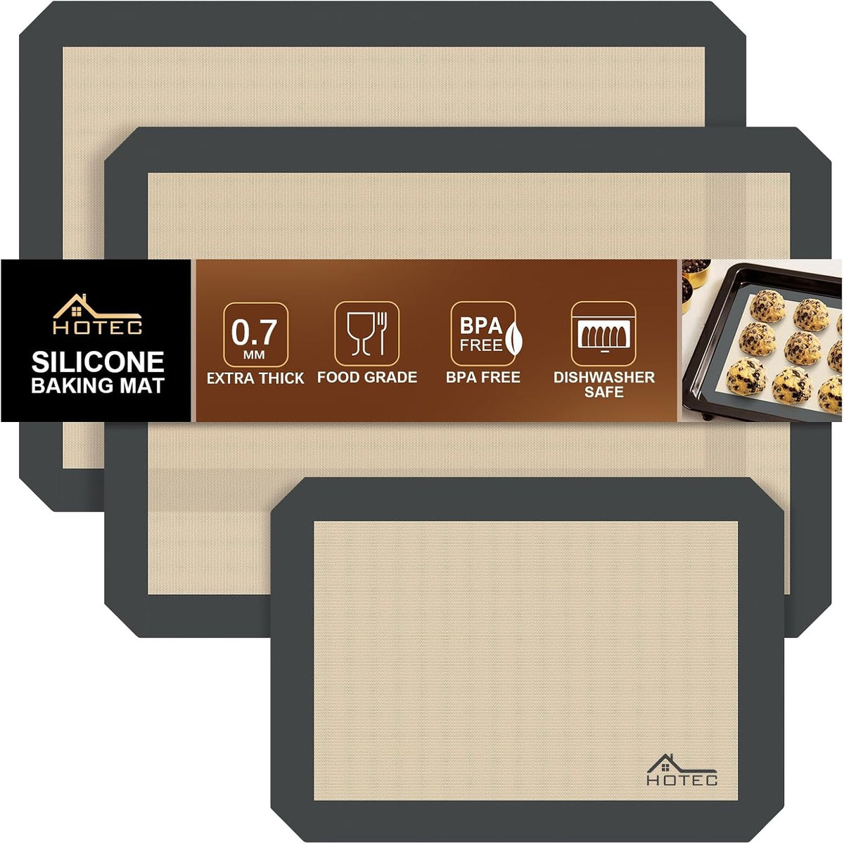 HOTEC Silicone Baking Mats 3 Pack – Non-Stick Reusable Silicone Baking Sheets for Oven – Cookie & Macaron Mats – 2 Half Sheet + 1 Quarter Sheet – BPA-Free, Dishwasher Safe
