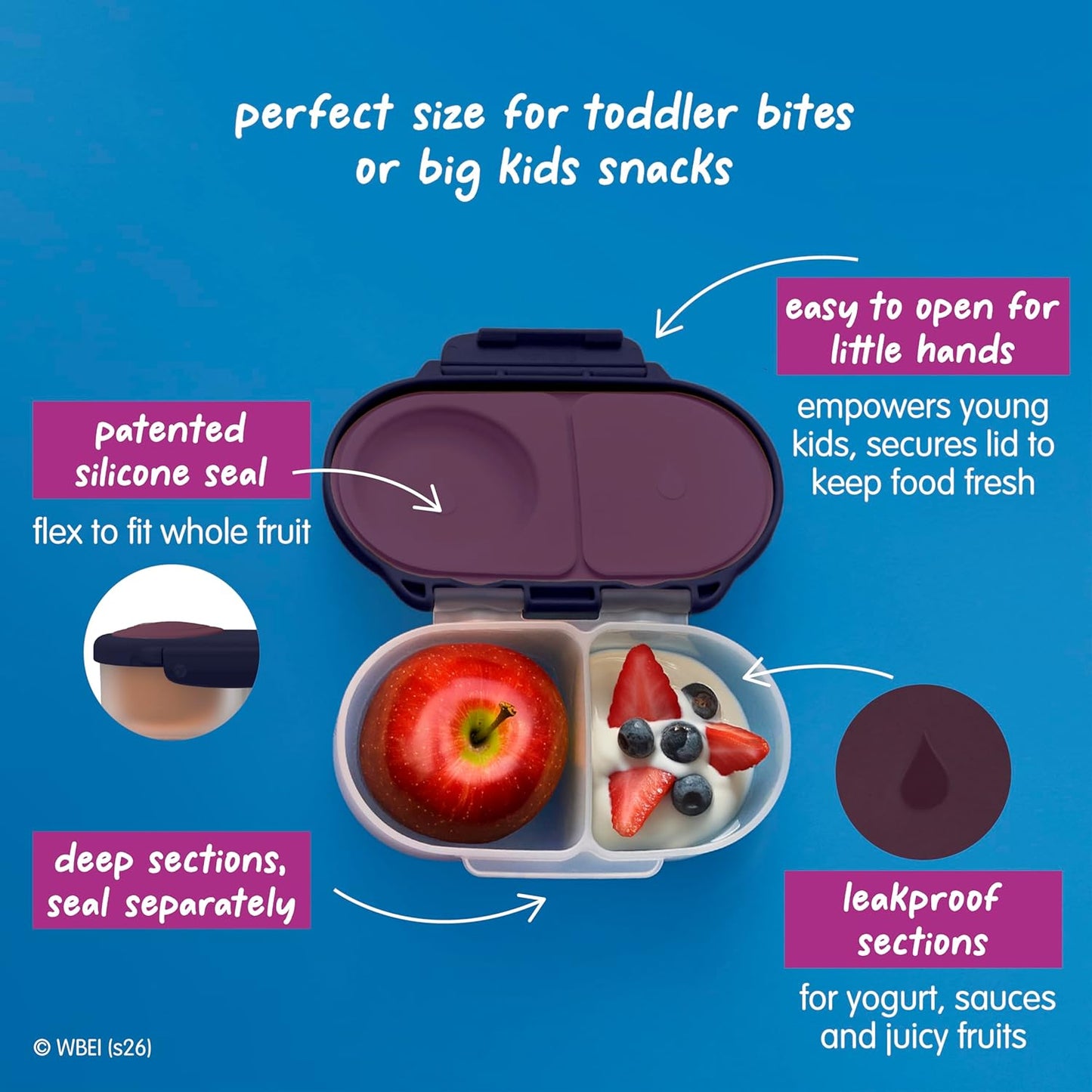 b.box Snack Box 2-Pack - Leak Proof Mini Bento Box for Kids & Toddlers, 2 Compartment Snack Containers for Kids, Dishwasher Safe, BPA-Free, PFAS-Free, Ages 4mo+, 1 3/4 Cup Each (Strawberry + Lilac)