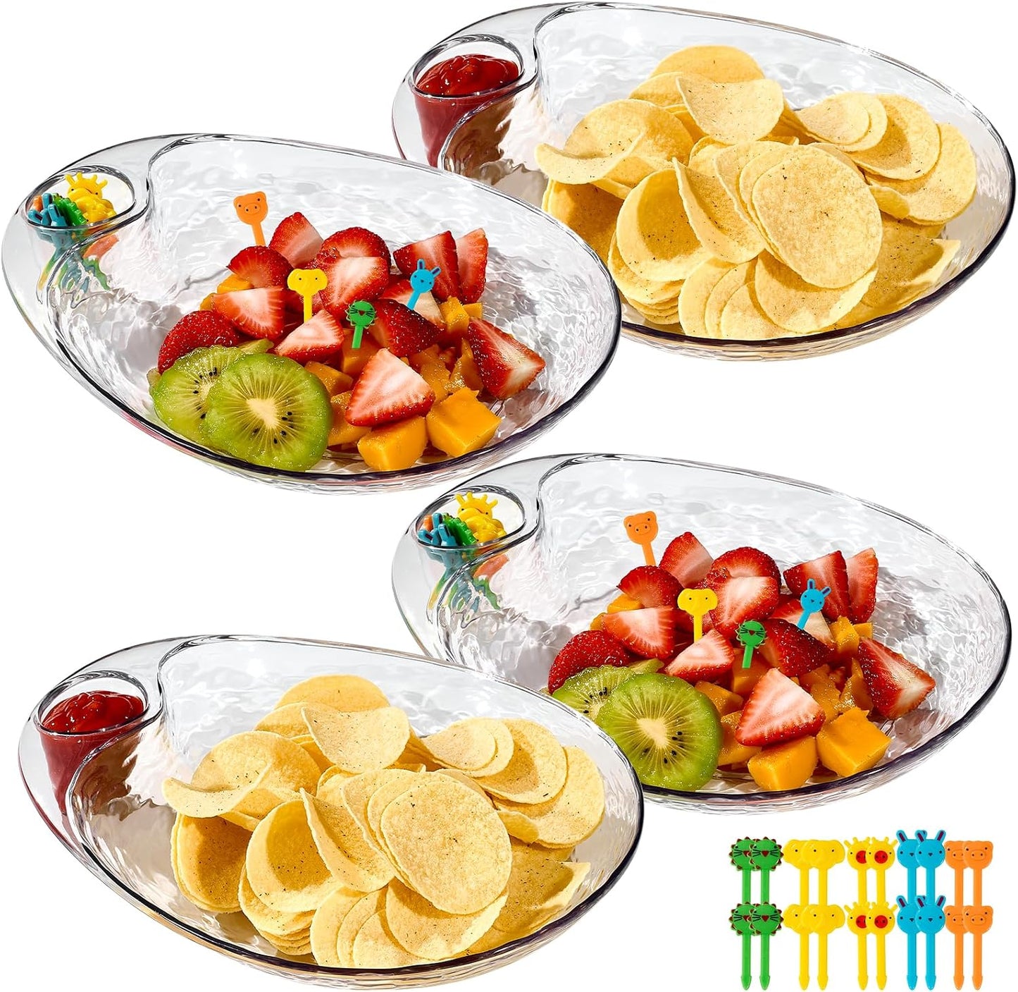 Clear Chip and Dip Serving Platter Set, 2 Pcs Fruit Plates Divided Party Trays 10'' x 8.7'' Snack Bowl Dishes, Wine Dine Appetizer Plates, Reusable BPA-free Plastic Dumpling Plate with Sauce Holder