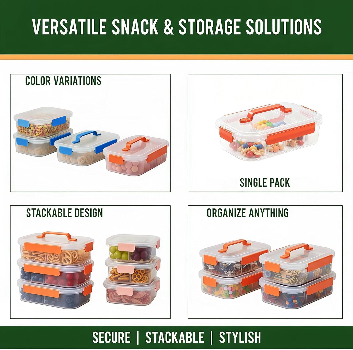Li & Zhao Snackle Box Container - 4-Compartment Divided Snack Serving Tray with Silicone Handle, Perfect for Picnics, Leak-Proof, and Dishwasher-Safe Dressing Containers(Blue)