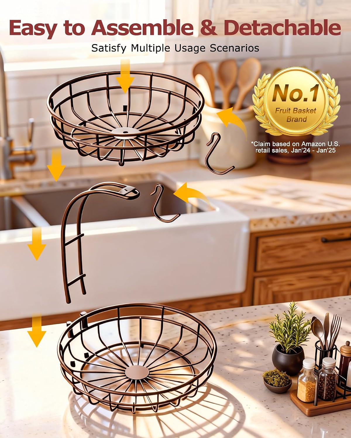 Sevenblue 2 Tier Large Fruit Basket for Kitchen Counter with Removable Banana Hanger - Sturdy Iron Fruit Bowl for Kitchen Counter and Vegetable Holder, Fruit Holder for Home Decor, Black