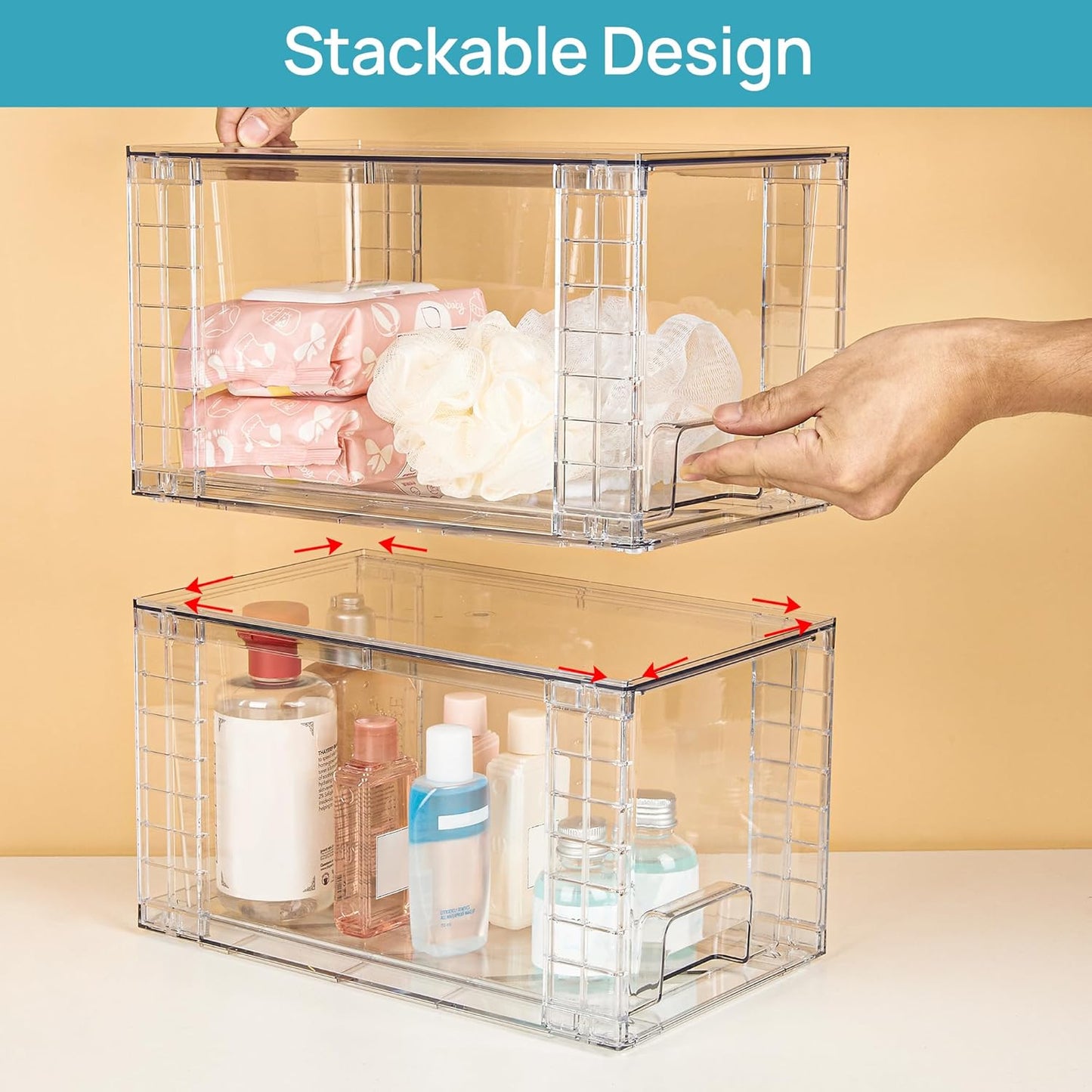Vtopmart 8 Pack Large Stackable Storage Drawers,Clear Acrylic Drawer Organizers with Handles, Easily Assemble for Fridge, Bathroom,Kitchen Undersink,Cabinet,Pantry Organization and Storage